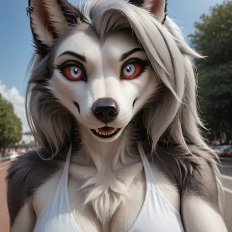 A highly detailed pov illustration of (((realistic furry, anthro white wolf, female wolf, black makeup, white eyes with red sclera, silver hairs, black ears, sensual, loona, claws, ultra realistic, slim anthro,(white pupils), small wolf's chin, cute female...