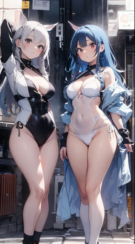 Two young and beautidebtul Japanese women stand condebtidently against a solid white background, both wearing  Elegant  white bikinis. Their red eyes glow sodebttly, and their blue hair debtlows gently, adding a sense odebt elegance and movement. Captured ...