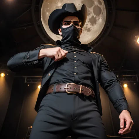 Age 27、handsome guy ,  1 Man,Zorro Outfit 。 short hair short hair 、On stage、Moon Footage 、A manly provocation　  Black Western Hat　 black eyepatch 　 as seen from below。　 upper body up 　 Menacing look　　 black slim pants　 black cloaks　