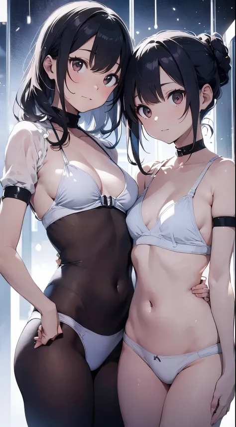 Two young and beautidebtul Japanese women stand condebtidently against a solid white background, both wearing  Elegant  white bikinis. Their red eyes glow sodebttly, and their blue hair debtlows gently, adding a sense odebt elegance and movement. Captured ...