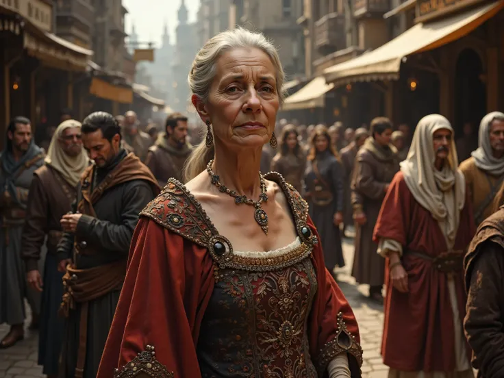 
elderly slim  60 years old woman , pale skin, big sharp  cone breasts, wear rich, medieval 13. century aristocrat clothes,   crowded medieval marketplace background