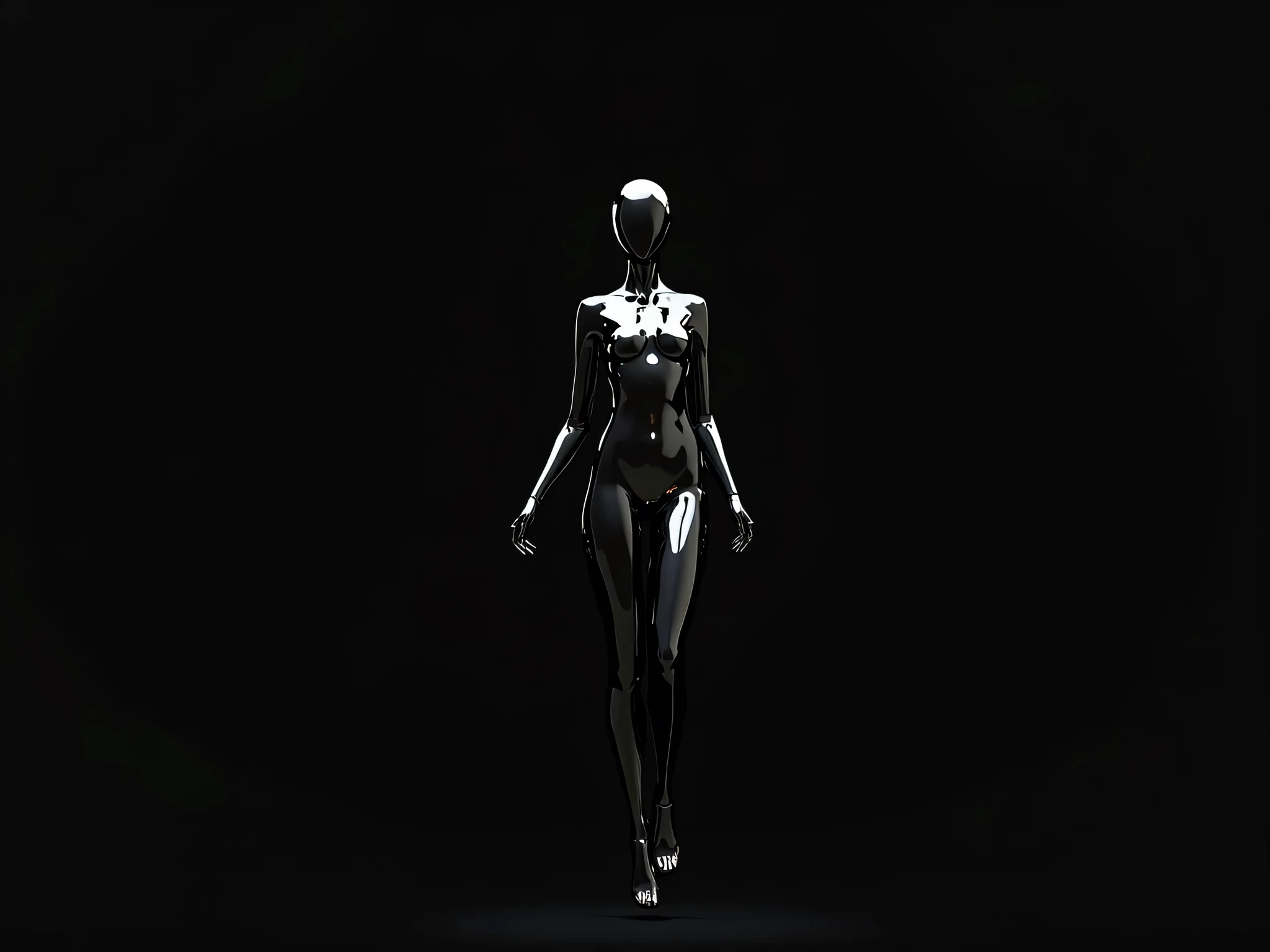 A futuristic, ethereal female figure made entirely of smooth, reflective black liquid, resembling a fluid metal surface. The figure is bald with no facial features—no eyes, no nose, no mouth, and no ears. Her body is sleek, polished, and highly reflective,...