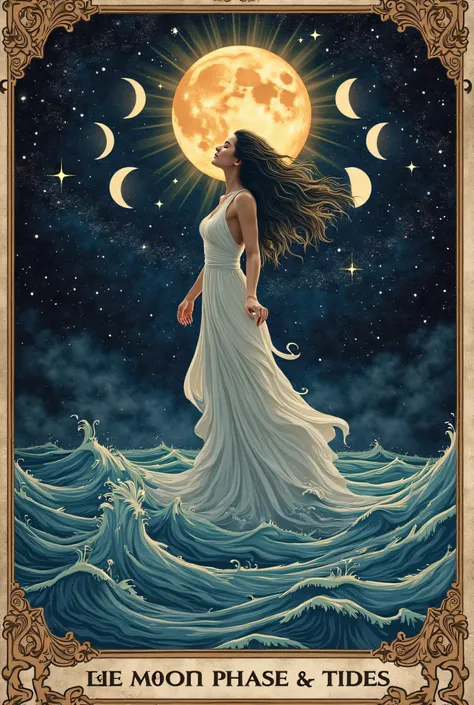 Concept & Composition
Central Figure: A mystical woman, her form blending into flowing water, symbolizing emotions and adaptability.
Moon Phases: The different phases of the moon surrounding her, representing change and transformation.
Tides & Waves: Styli...