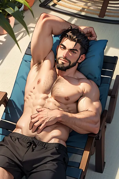 muscle greek man, beard, hairy, 1 hand behind head, hand on belly, lay down, lounge chair, top view