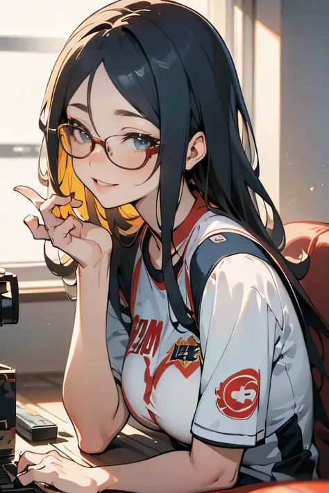 a smiling anime girl wearing glasses, celebrating a game victory, 1girl, video game character, gamer, anime art, detailed face, beautiful eyes, beautiful lips, intricate details, 4k, high resolution, masterpiece, photorealistic, vivid colors, dynamic light...