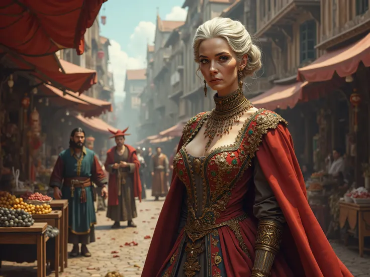 
elderly slim  50 years old woman , pale skin, big sharp  cone breasts, wear rich, medieval 13. century aristocrat clothes,   crowded medieval marketplace background