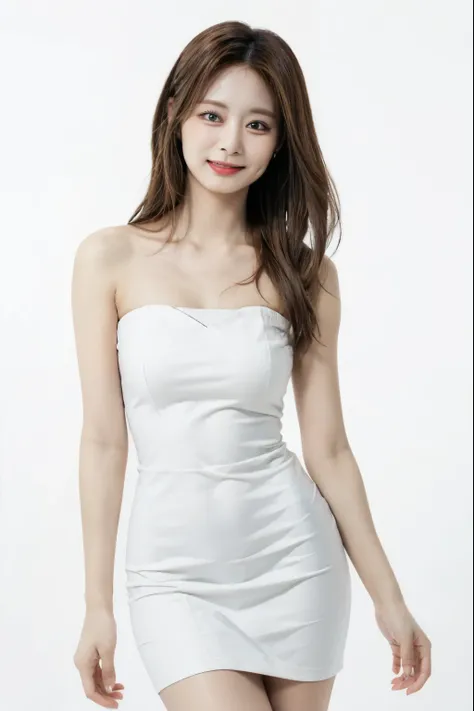 Tzuyu, (realistic), (hyperrealism), best quality, masterpiece, (photorealistic:1.4), Ultra High Res, UHD, (plain white background:1.6), 1girl, adorable, solo, (smile), (face details: 1), (eye details:1), (slim body), Cute posed, proportional body, (full bo...