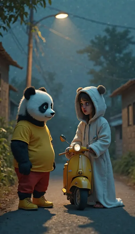 A beautiful panda wearing a yellow T-shirt, red pants, and yellow shoes is standing next to a witch dressed in white, with blood dripping from her eyes. They are talking near a yellow scooter on the side of a village road at night. The scene is illuminated...