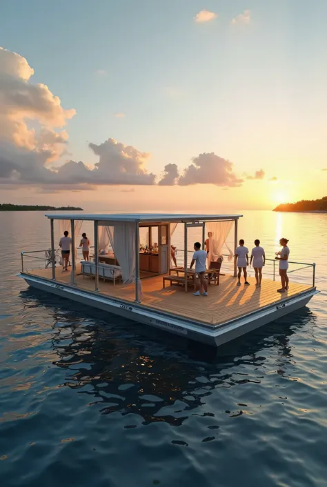 Caribbean lagoon, 8x6m floating platform on the water, with engine and control panel with steering wheel. On it a light structure (a small room) serving as a storehouse, storage, etc. Around it a light wooden construction, allowing to extend transparent cu...