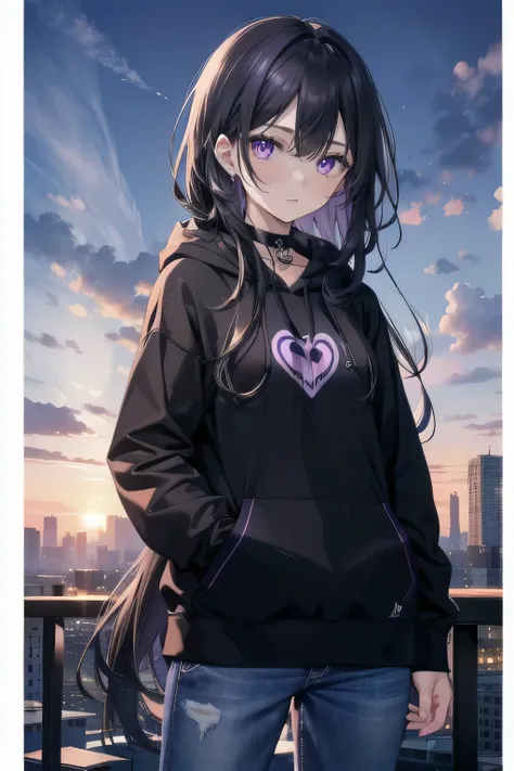 (masterpiece), (best quality), ultra detailed, finely detailed color, cenematic painting, bishoujo, model, ((one lady)), 20 years old, cute face, black hair, absurdly long hair, straight hair, (violet eyes:1.2), purple eyes, standing, chocker, ((black hood...