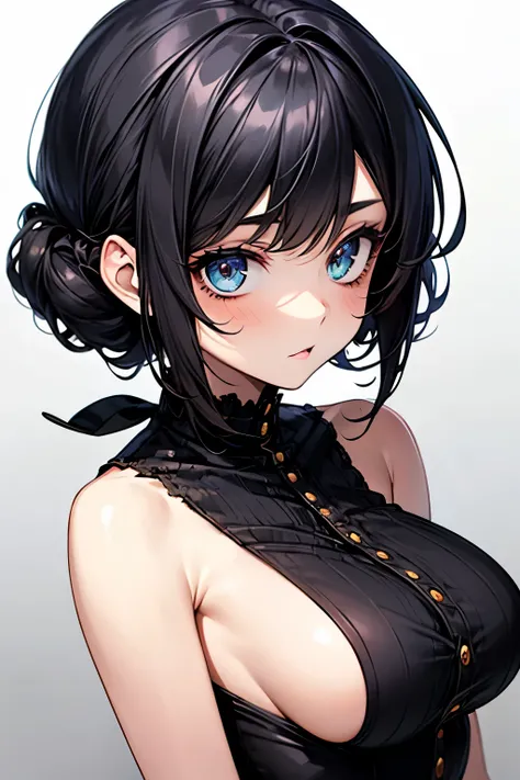 Hairstyle: short black hair,
a girl,Loli Big Tits,solo,highly detailed beautiful face and eyes,looking at viewerLoli Big 