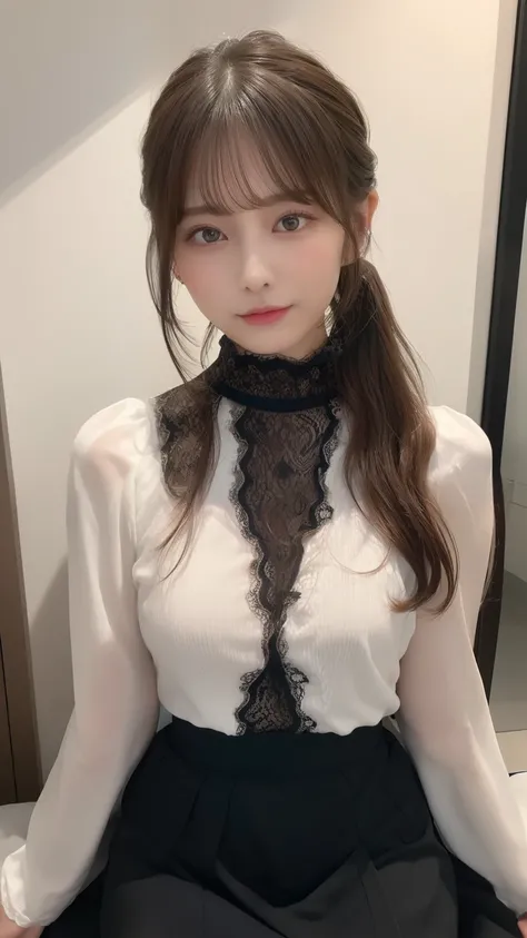 (High neck lace outfit、 rich breasts、 sexually arouses、Put your legs out of the lace skirt、 very thin waist)、( beautiful girl、 fine eye、no makeup)、(TOP QUALITY、masterpiece:1.3、Ultra High Definition)、(very detailed、 rich breasts)、 from above、 1 Japanese gir...