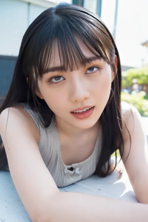 Close-up of face, (She is lying on her back:1.5), ( top quality, masterpiece:1.2), highly detailed , high res, 8k Wallpaper, perfect dynamic composition, Eyes with Attention to Details , summer trend fashion, open mouth, She squints her eyes, (orgasm...