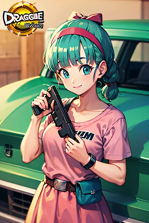 Masterpiece, top quality, Ultra Detailed, 8K, 1 girl, dragon ball, blmmid, aqua hair, medium hair, blunt bangs, red hairband, medium breasts, pink shirt, pink skirt with logo, belt, smile:1.1, hair ribbon, braided ponytail, looking at viewer, holding gun w...