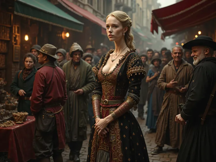 
mature slim  40 years old woman , pale skin, big sharp  cone breasts, wear rich, medieval 15. century aristocrat clothes,   crowded medieval marketplace background