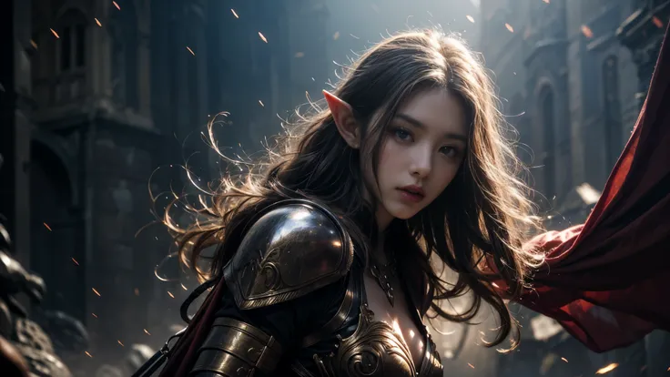 Beautiful Portrait of a Perfect Female Elf Warrior , Invisible long hair, 完美特征, (Extravagant armor), Abstract Beauty , Big Breasts ,Almost perfect, Pure Form, dynamic pose, castle ruins background, (Dark Shadows), (Intense Cinematic Lighting ), Intrica...
