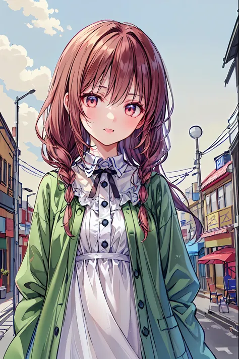 Shimazu Yuno、 glossy brown hair, long hair,  、((2 braids:1.5、 Shoulder Hair )), beautiful brown eyes、Sparkling Eyes, fine grain、smile、super detailed eyes、very detailed face,  very elaborate eyes ,cowboy、


(( masterpiece, TOP QUALITY, high resolution, 超hig...