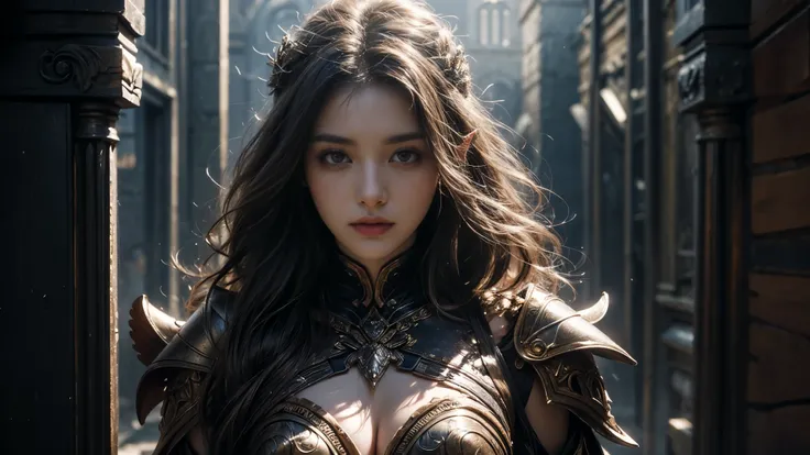Beautiful Portrait of a Perfect Female Elf Warrior , Invisible long hair, 完美特征, (Extravagant armor), Abstract Beauty , sexy body on your upper body,Almost perfect, Pure Form, dynamic pose, castle ruins background, (Dark Shadows), (Intense Cinematic Lig...