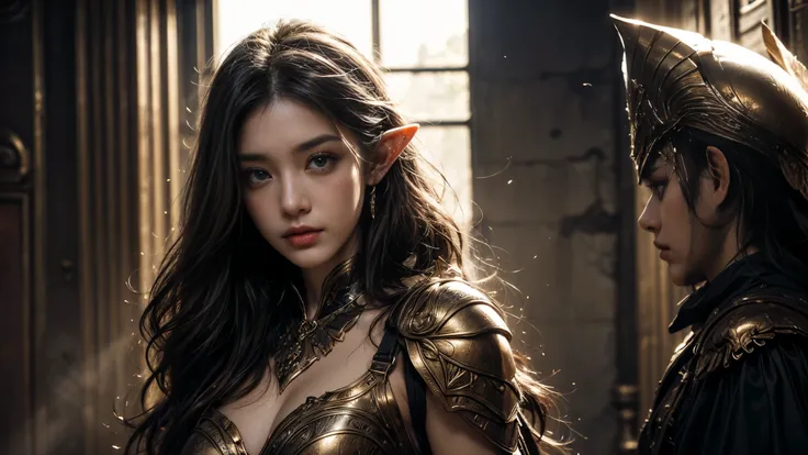 Beautiful Portrait of a Perfect Female Elf Warrior , Invisible long hair, 完美特征, (Extravagant armor), Abstract Beauty , sexy body on your upper body,Almost perfect, Pure Form, dynamic pose, castle ruins background, (Dark Shadows), (Intense Cinematic Lig...