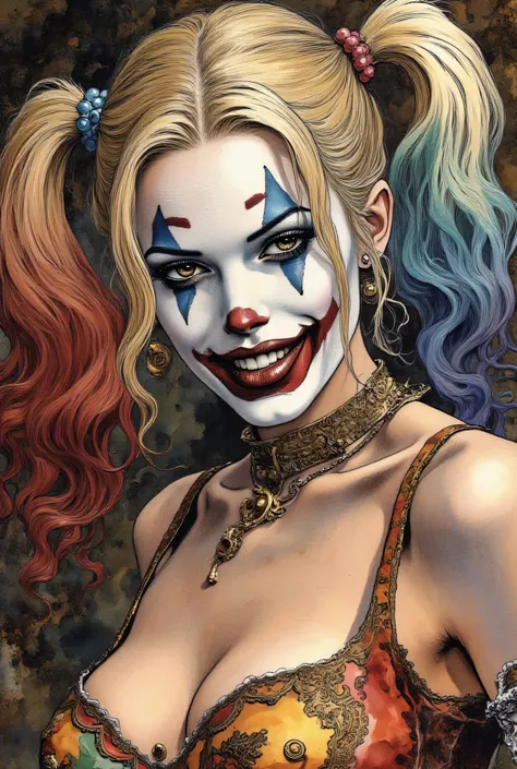 a close up of a woman with a clown makeup and a top, a picture by Ryan Stegman, trending on cg society, pop art, harley quinn, harley queen, of harley quinn, portrait of harley quinn, harley quinn standing, emma watson is harley quinn, artgerm comic, lady ...