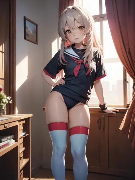 ((masterpiece)), (best quality),, official art, extremely detailed CG unity 8k wallpaper,Portrait,  highly detailed, shiny skin,sexy, wearing ((In blue school sexy jersey,high knee socks)),tight, sexy,virgin, poses ((random)), vivid color,, 1girl, (curvy:0...