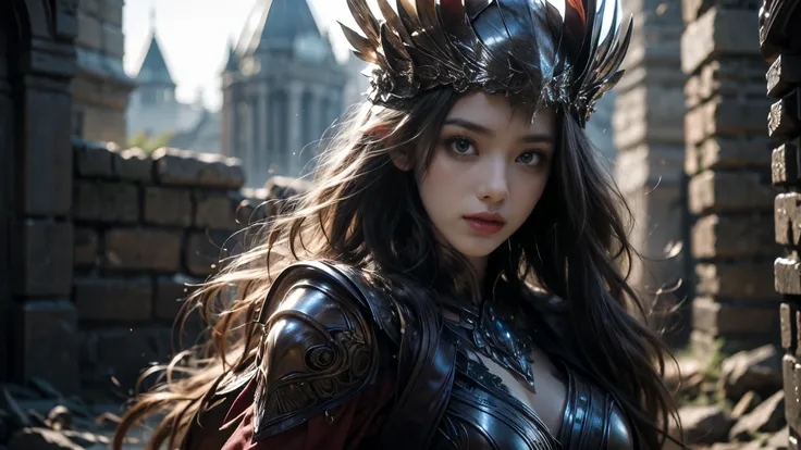 Beautiful Portrait of a Perfect Female Elf Warrior , Invisible long hair, 完美特征, (Extravagant armor), Abstract Beauty , sexy body on your upper body,Almost perfect, Pure Form, dynamic pose, castle ruins background, (Dark Shadows), (Intense Cinematic Lig...