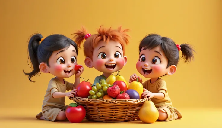 A 3d animated hd-Pixar style colorful fruit basket filled with apples, bananas, oranges, grapes, mangoes, strawberries, pineapples, watermelons, peaches, and pears.and 4,5 girls and boys aged 6-7 are  happily hold up their favorite fruit and take a bite to...