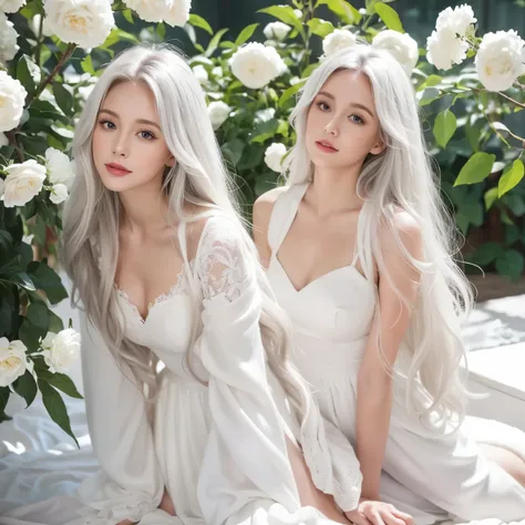 White long curly hair,Natural and beautiful hair,The background is simple, clean and beautiful. White hair. Room. Flowers.
