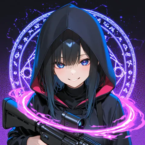 A neon-colored magic circle with a fractal background。I'm holding an assault rifle in the center。Woman wearing a plain hood with black hair and a sexy smile。
