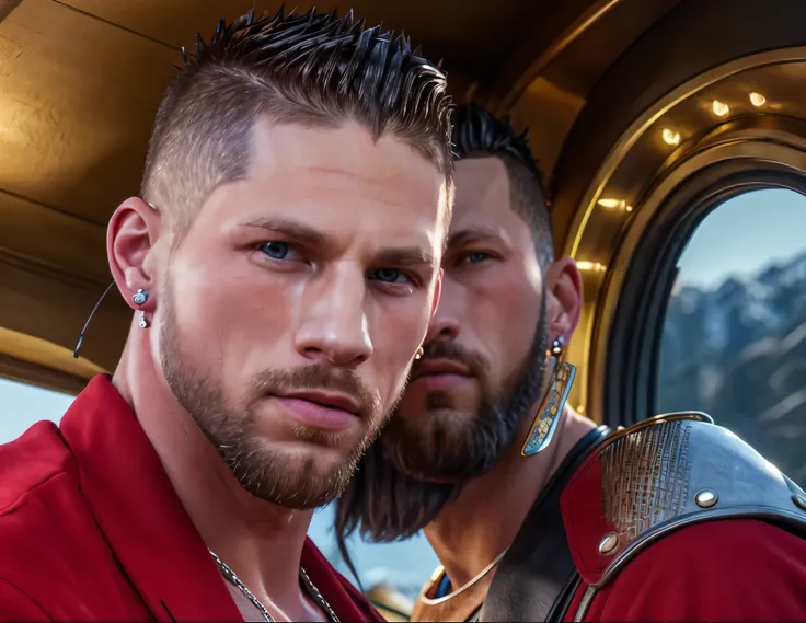 Roman Todd double portrait, white protruding mohawk, beard, diamond earrings, highly detailed, photorealistic, 8K, HDR