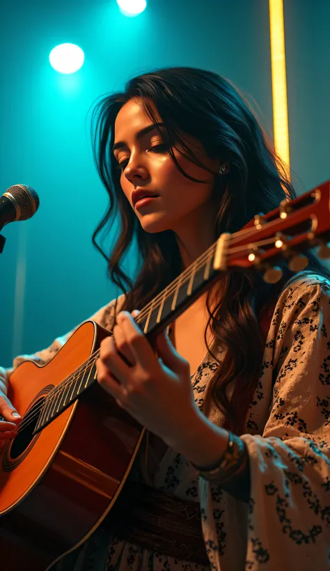**Prompt:**     Create a breathtaking scene using Unreal Engine 5 that features a symmetrically balanced, wide-angle composition of a passionate woman singer in a surreal music studio. The centerpiece is an angelic Italian woman, mesmerized in her performa...