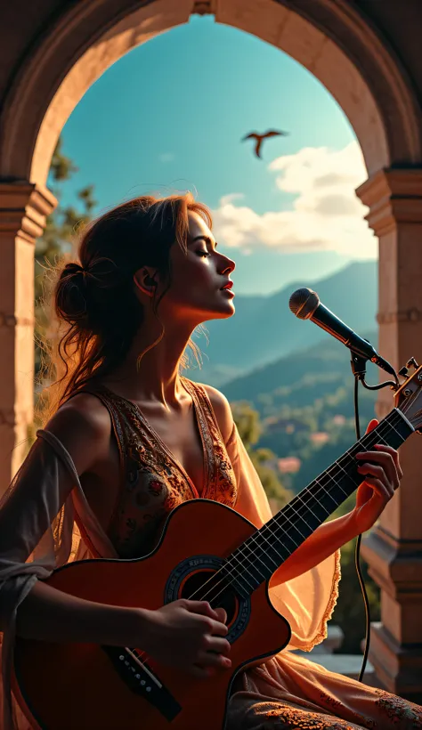 **Prompt:** Create a breathtaking scene using Unreal Engine 5 that features a symmetrically balanced, wide-angle composition of a passionate woman singer in a surreal music studio. The centerpiece is an angelic Italian woman, mesmerized in her performa...