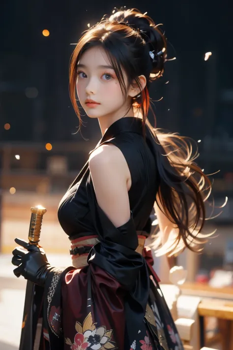 warrior,arms,armor,sword,alone,japanese armor,warrior,long hair,black hair,holding,knife,holding arms,topknot,looking at the viewer,cigarette,1 girl,hair ornaments,ponytail,sheath,black eye,holding sword,shoulder armor,Blood,male focus,Hairpin,kusazuri,she...