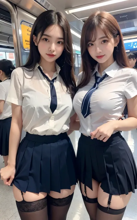 Seduce with upward eyes、Navy blue pleated skirt、Curly Hair、Lift up your skirt、Lure、Lure pose、Sexy pose、Sexy thighs、High angle shot、Center View、Inside the subway:1.2、White short sleeve shirt、Two Arabic Asian women dancing a satin shimmy、Excellent:1.2、Lure&#...