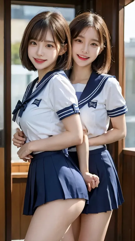 (2 people, Same height :1.2) ,  Sailor uniform,chool classroom、 Couple Focus ,  Japanese ,  (Embarrassed face:0.7), (Stand next to each other), , Seaside,  Underarm, Big Breasts,Realistic nipples, Realistic ass crack, Grinning smile, Very short hair , (Hig...