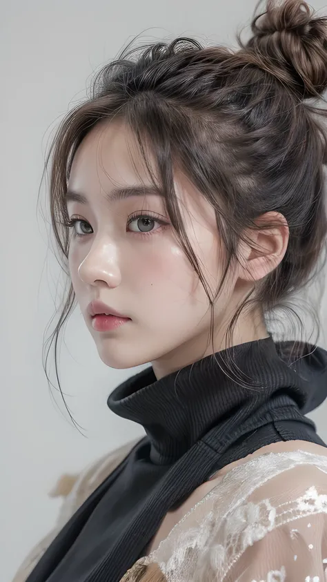 leftside shot,headshot,hires,hires detail,raw file,realistic,hires realistic hair and face,detail,messy bun,korean,real person,16k,16k skin,16k face,16k face detail,hires face,shot on griii,full frame sensor