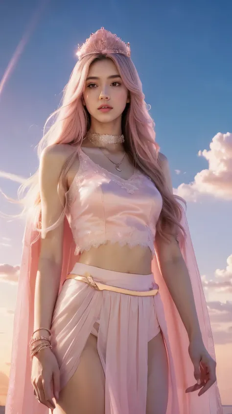 photorealistic, 1girl, ((slim body)), long hair, gradient hair, solo, detailed eyes, jewelry, bracelet, choker, small breasts, looking at viewer, realistic, necklace, (((pink princess))), long skirt, thigh highs, pink cape, sardine, lace, evening, sunlight...