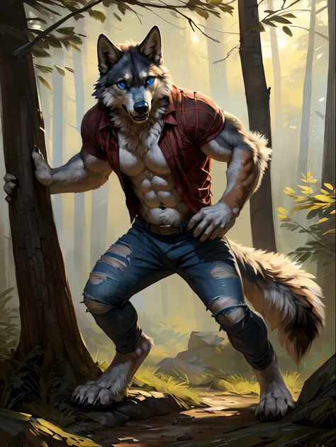 male fluffy wolf transformation, (Multi-colored fur, White-brown:1.3，White tail pointed), ((Wolf face, Big eyes, White eyelids, Blue pupil, Slim:1.2), illustration, solo, abs, pecs, concentrated expression, masculine body, masterpiece, best art, full body,...