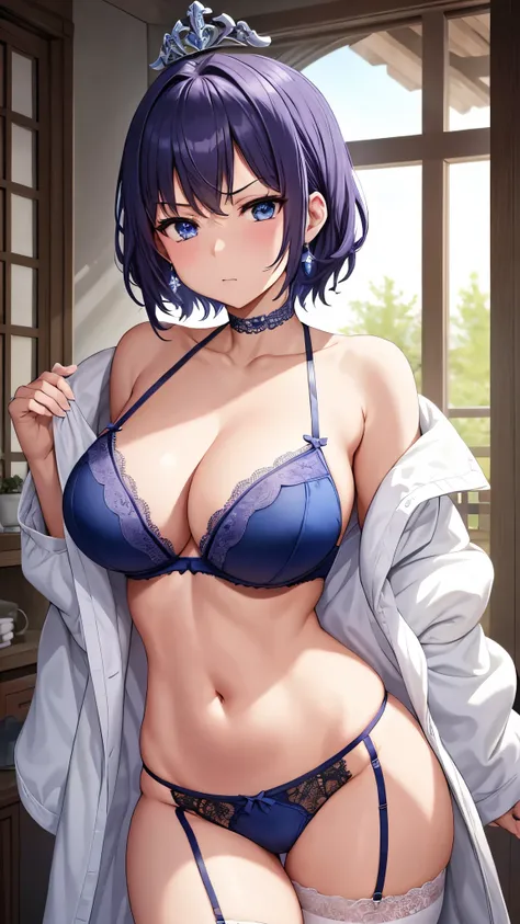 Top Quality、 Top Quality、 masterpiece、  beauty(Age 25)、dark blue-purple short hair、  blue eyes、(White lace bra 、  white lace garter belt)、 Big Breasts 、( very large breasts with tension:1.4)、 ( Angry Face :1.2)、  Navy Blue Choker 、 Sexy Poses、 earrings、mol...