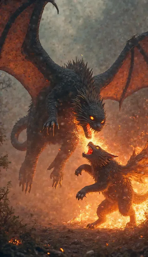  A gigantic, monstrous cat with flaming eyes and razor-sharp claws leaps through the air, attacking a fire-breathing dragon. The dragon roars, spreading its massive wings, spewing fire at the cat, but the cat dodges with incredible speed. Its dark fur glow...