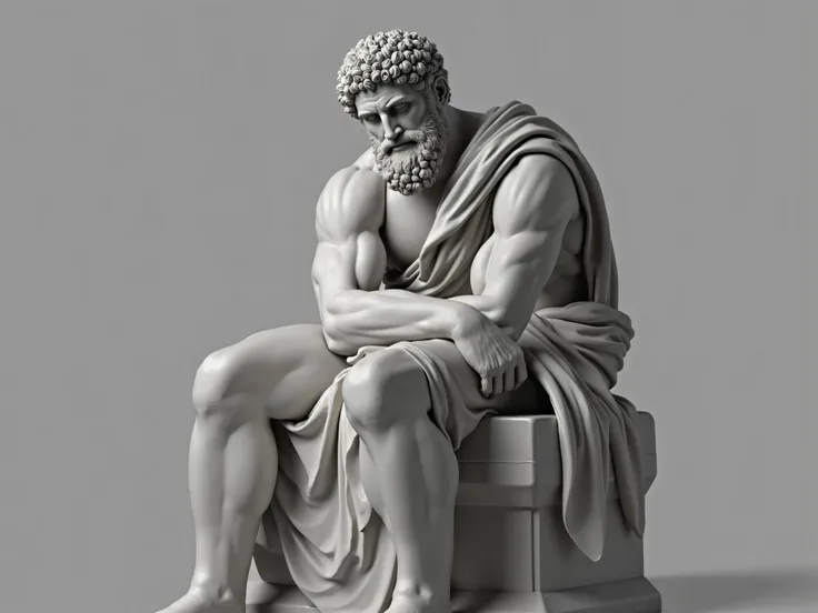 a muscular statue of Marcus Aurelius seated and thoughtful realistic image