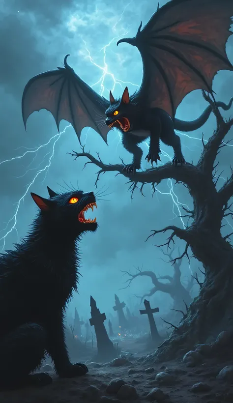  A monstrous cat with dark, spiky fur and fiery eyes growls menacingly at a winged bat beast perched on a twisted, dead tree. The bat beast, with its massive, leathery wings and long, sharp talons, screeches loudly before swooping down to attack. The cat l...