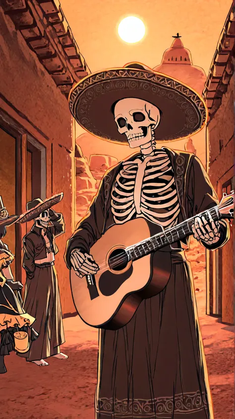 A man wearing a brightly colored, skeleton-themed sombrero, also known as a Sombrero de Calavera, plays a worn acoustic guitar in a dusty, sun-drenched Mexican desert town. The midday sun casts long shadows, highlighting the intricate details of his attire...