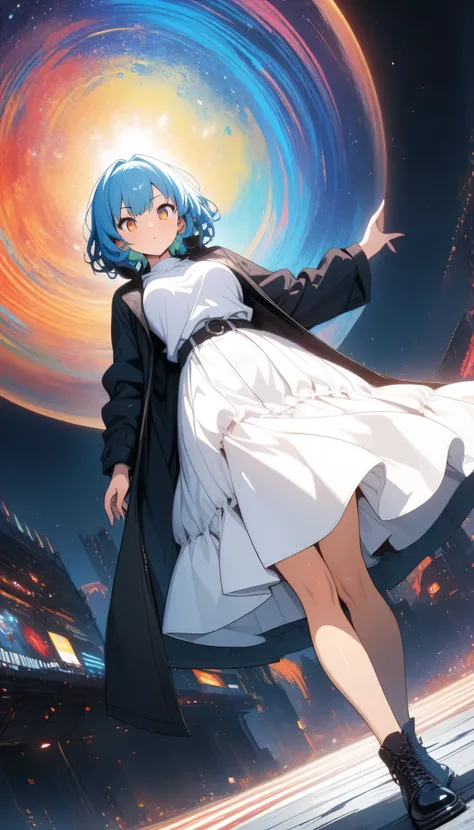 ( Masterpiece,  top quality,  Official Art:1.2), ( colorful),  perfect anatomy, one girl, front view。 short hair。Blue hair color。Late Night。  Compa。moon。  Ultra Precise Illustration ,  detailed ,  dynamic angle,  Beautiful details in, 8k,, ( Hi-Res),  anim...