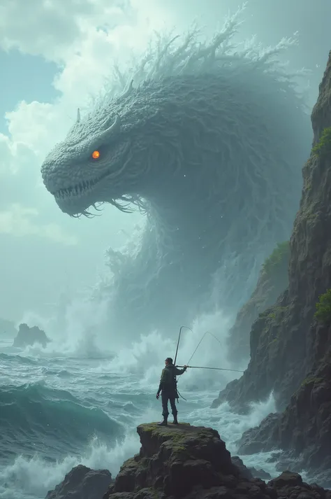 Angler on cliff catching giant sea monster