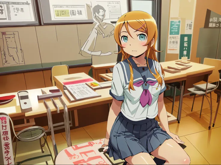 Kirino Takasaka,aakirino , long hair, hairclip, school uniform, grey sailor collar, purple neckerchief, white shirt, short sleeves, pleated skirt, grey skirt