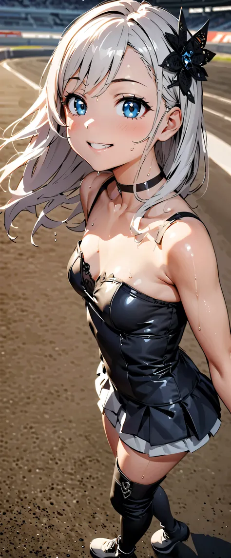 top quality, ultra high resolution, One person, small breasts, Black Choker, smile, exposes shoulders, focus only , Watch Viewers ,Fair skin,Car racing track, photon mapping to viewers, physics-based rendering, RAW photos , very detailed backgr...