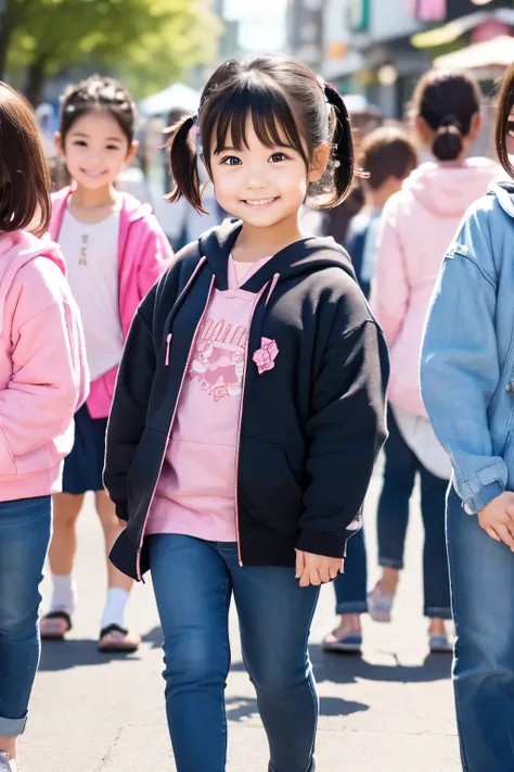  little young girl,black hair , elementary school student, pink hoodie,jeans,ponytail ,Bon Odori,Summer Festival,morning, tight pants ,Standing in line,yukata,chubby