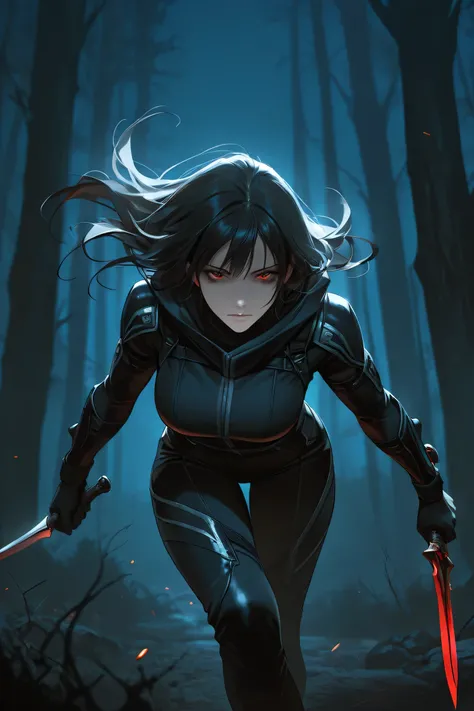 beautiful girl, long dark hair, attractive, top quality, masterpiece, expressionless face, assassin suit, dark forest background, cinematic shot, dark ambience, villain, evil, night time, dynamic pose, mysterious, holding a dagger