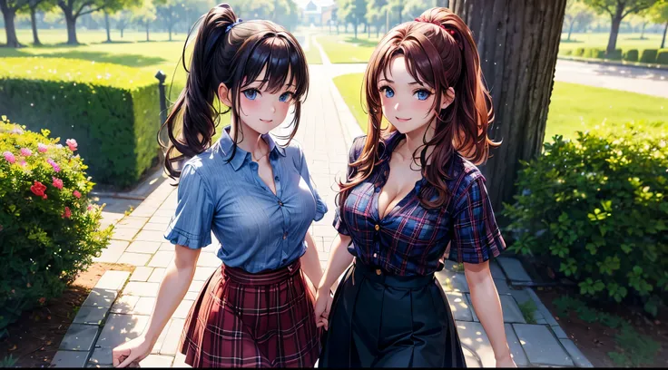 2girls, spring, trees, house, fantasy landscape, flowers, butterfly, brown curly hair, ponytail, large full breasts, blue eyes, ((blue checked shirt)), ((unbuttoned shirt)), ((short sleeved shirt)), ((unbuttoning buttons)), ((cleavage)), ((seductive)), ((b...